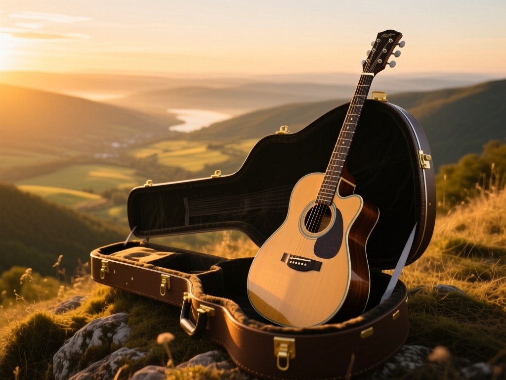 An open guitar case on a hilltop at golden hour. Inside rests a sunlit acoustic guitar overlooking a valley. Symbolizes readiness and opportunity. Warm, expansive scene. No people.