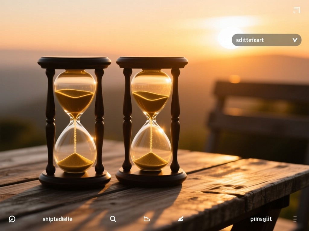 Two synchronized hourglasses on a rustic table at sunset, golden sand flowing, warm light casting long shadows on editing shortcut key overlays, minimalist composition.