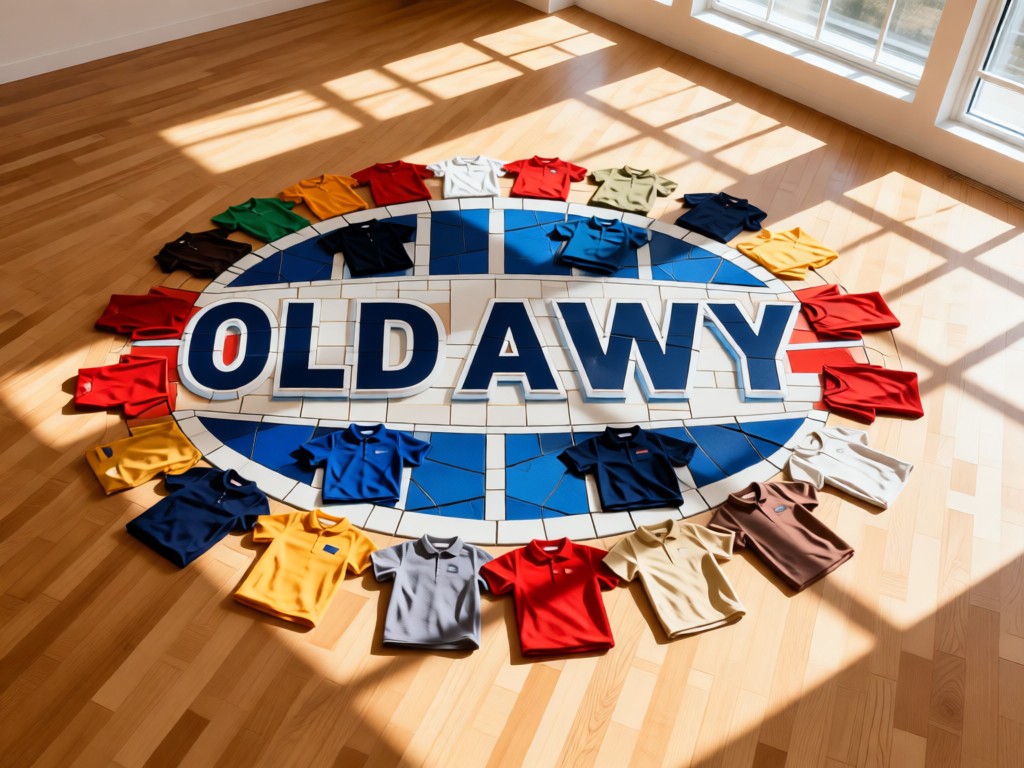 Aerial view of color-coordinated Old Navy apparel forming a circular mosaic on light oak flooring. Sunlight streams through nearby windows creating geometric shadows. Balanced negative space. No people.