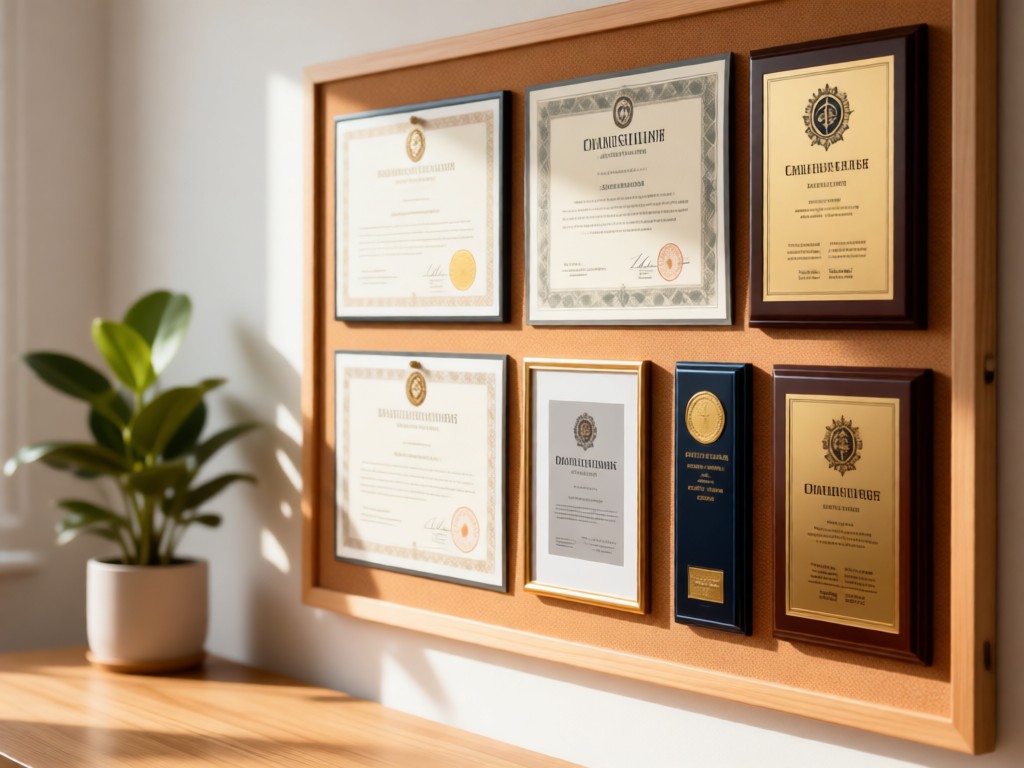 Neatly arranged medical diplomas and awards on a corkboard with warm lighting. Minimalist desk plant in soft focus background. Clean composition with natural textures.
