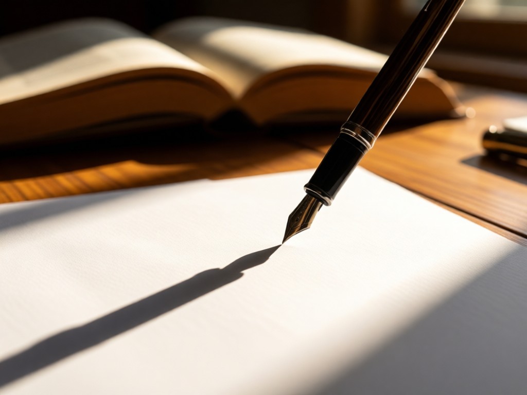 A lone fountain pen casting a long shadow across crisp white paper in a sunlit study. Warm tones with high contrast between light and shadow. Open book blurred in background. No people.