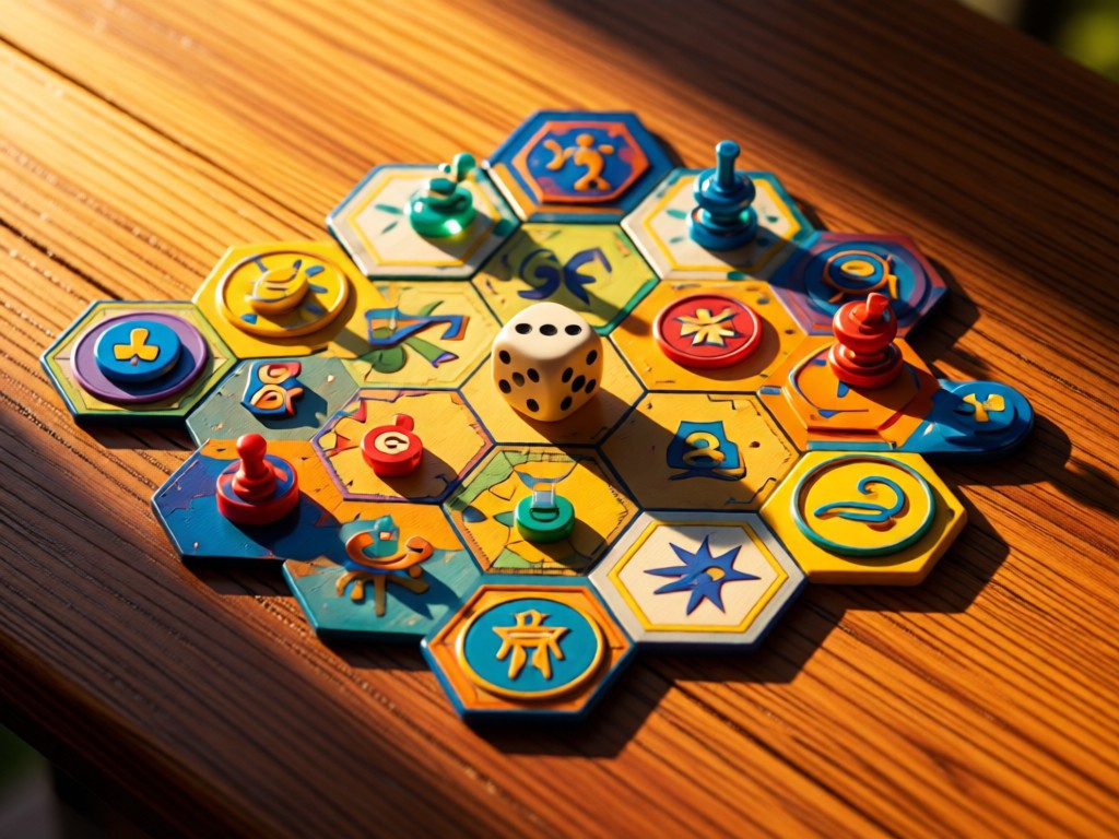 Aerial shot of dice and game tokens arranged on a hex-grid map. Golden hour light creates long shadows. Vibrant colors pop against wooden background. Symbolizes strategy and creation. No people.