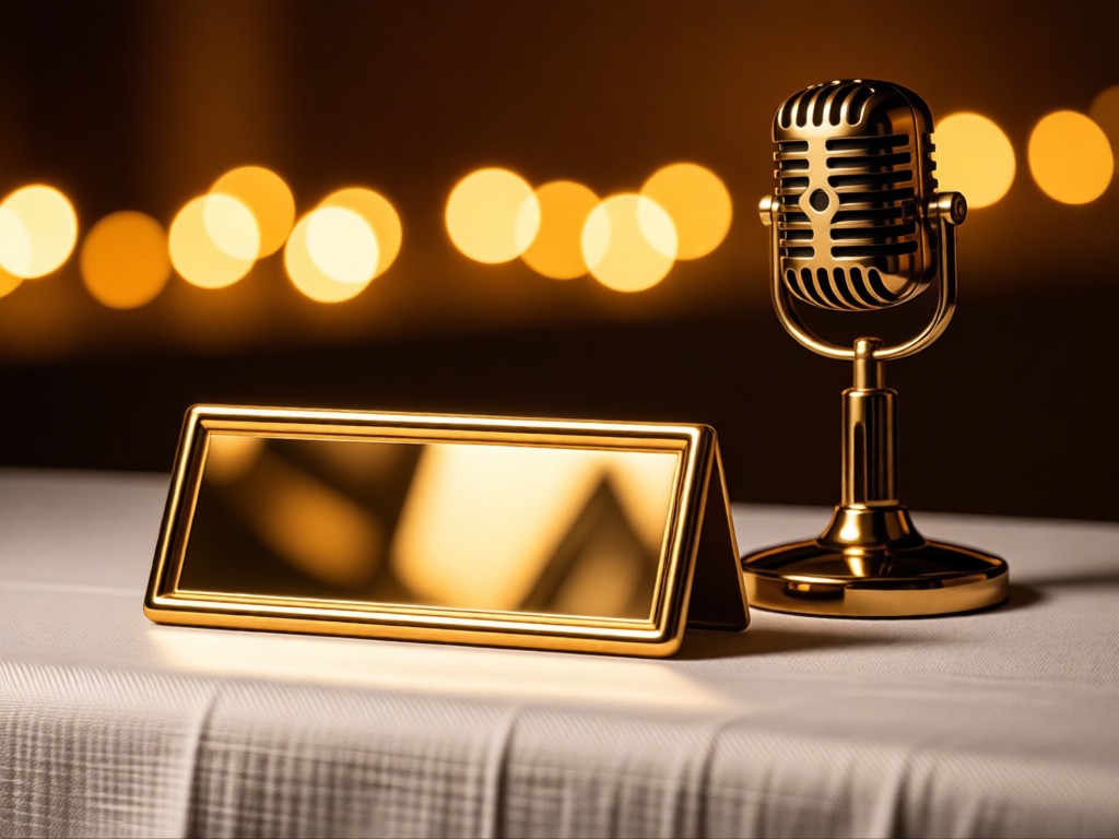 A polished conference nameplate next to vintage microphone on a linen tablecloth. Warm bokeh lights blur in the background. No people.