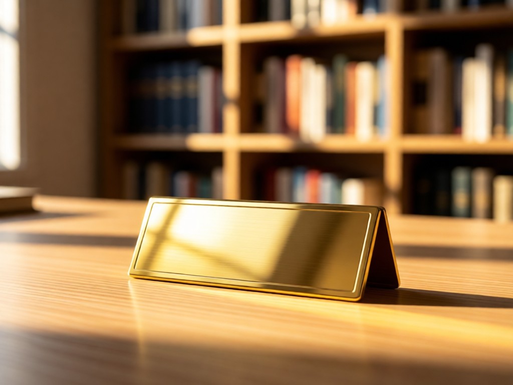A polished brass nameplate catching afternoon sun on a minimalist desk. Shallow depth of field reveals blurred bookshelves. Warm golden tones. No people.