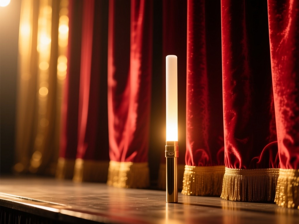 An open lightstick on a velvet stage curtain during golden hour, soft glow emanating from its core, dramatic shadows, rich red and gold tones, shallow focus, no people.