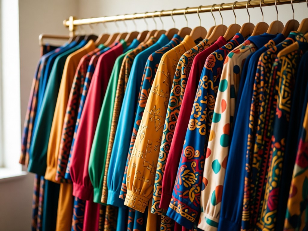 A neatly arranged clothing rack displaying vibrant plus size garments in rich fabrics. Soft focus on textures with warm natural lighting. No people.