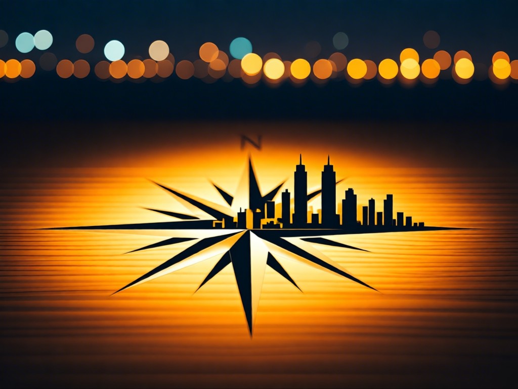 A compass rose overlaid on a minimalist map of Doha's skyline. Warm amber light highlights the compass on a wooden surface. Blurred city lights in the distance. No people.