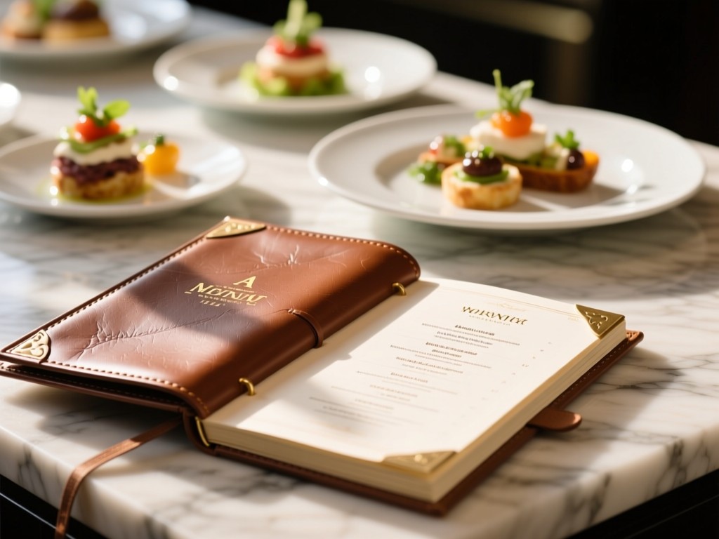 A leather-bound menu book open on a marble countertop. Soft focus on artfully plated appetizers in the background. Sunlight highlights texture and freshness.