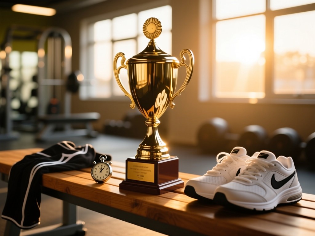 A polished trophy sitting on a wooden bench during golden hour, surrounded by subtle athletic gear like a stopwatch and clean sneakers, soft sunlight filtering through gym windows, shallow depth of field, warm tones, no people.