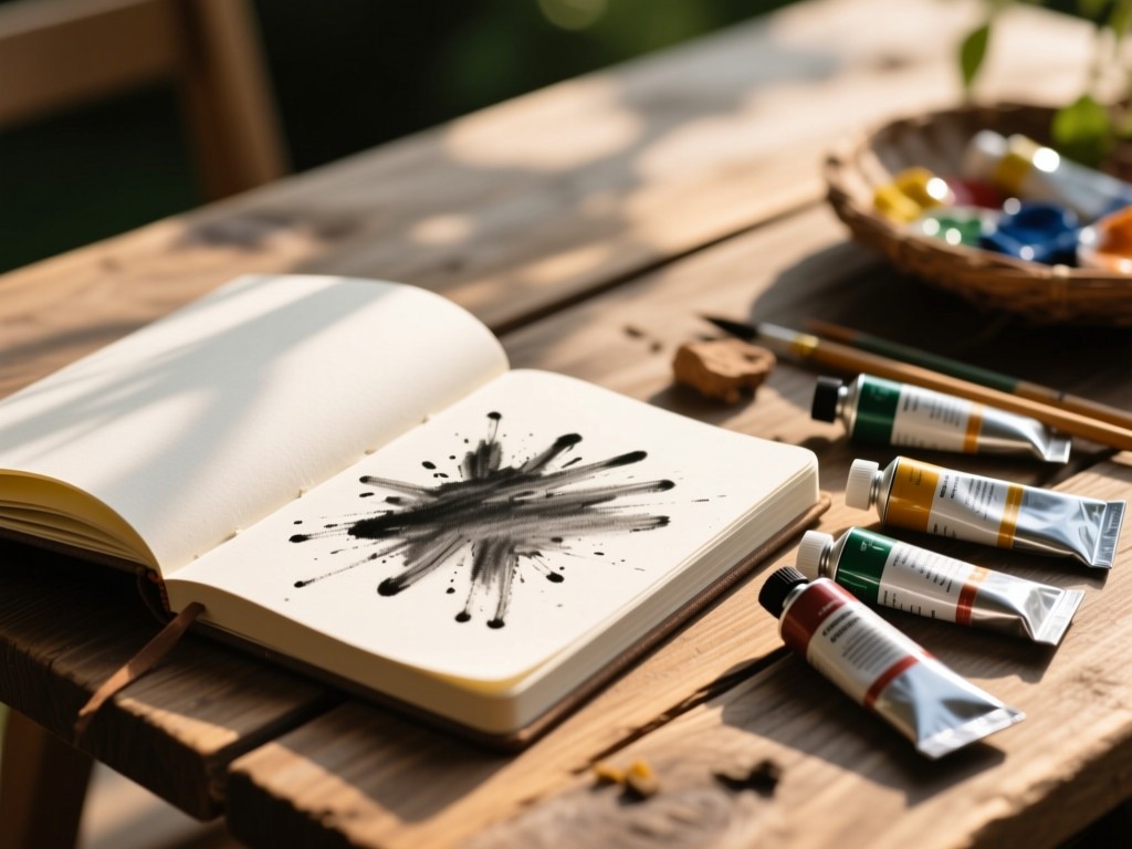 Open sketchbook with charcoal smudges beside paint tubes on a raw wood table, late afternoon sun highlighting textures, shallow focus, organic materials only.