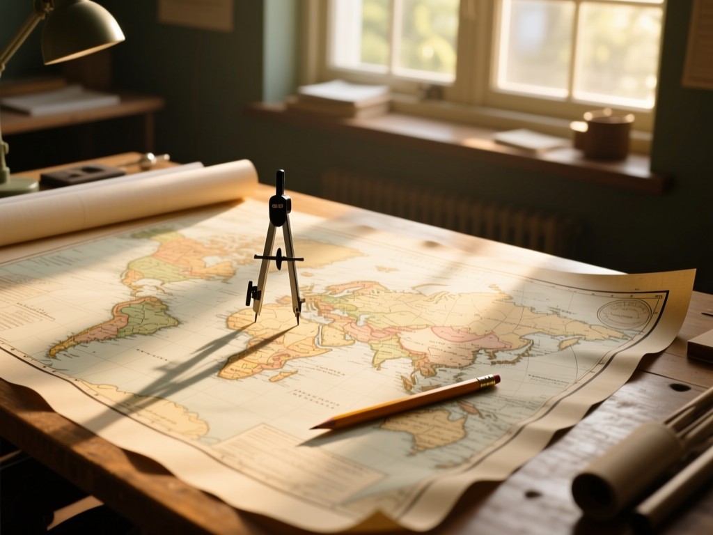 A vintage-style map unfurled on a drafting table with compass and pencil. Warm sunlight streams through nearby windows. No people.