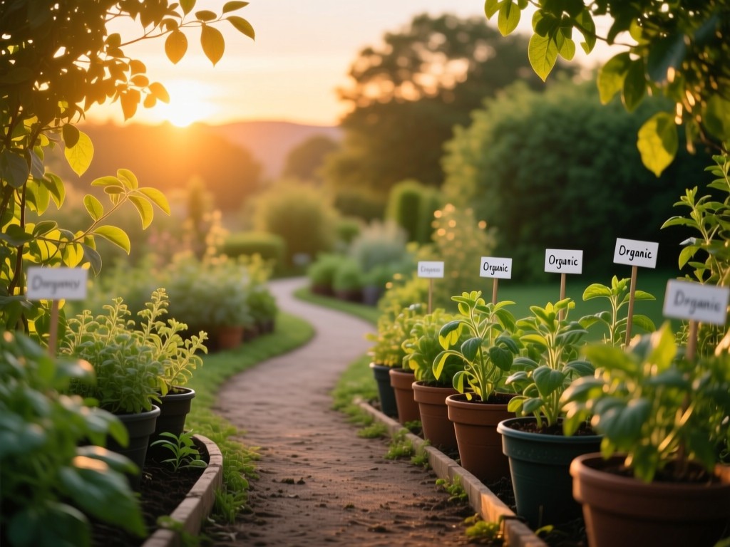 A winding garden path at sunset with labeled herb pots lining the edges, golden light filtering through leaves, symbolic of organic discovery, soft focus background, vibrant greens and earth tones.