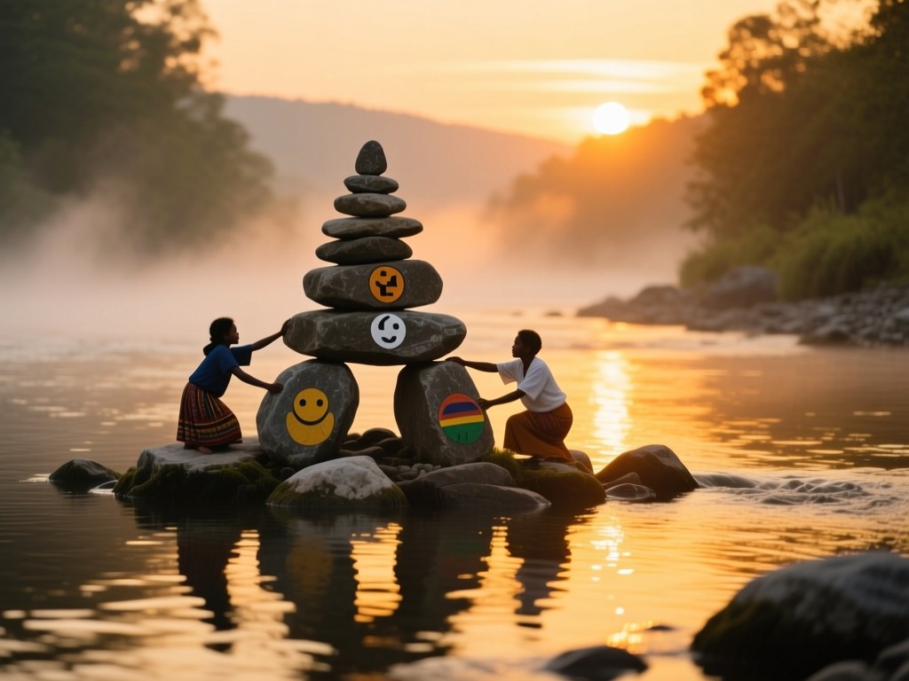 A stone cairn in a river during sunset, each rock representing diverse communities supporting each other, golden reflections on water, mist rising, soft focus background, symbolic unity.