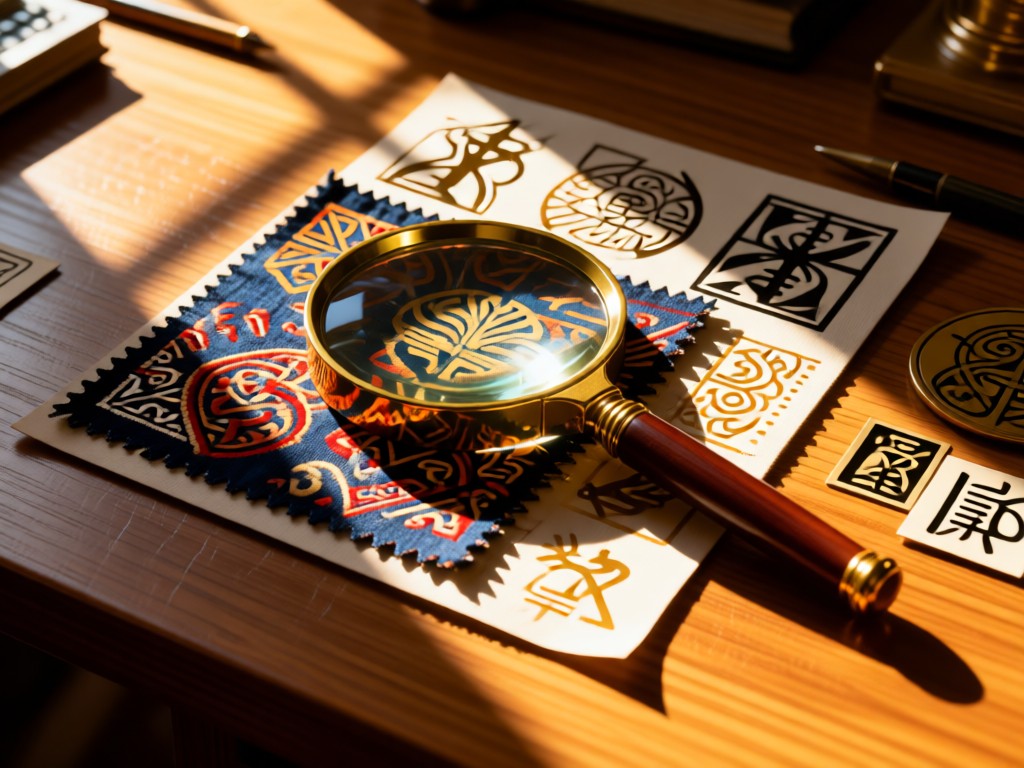 A magnifying glass resting on fabric swatches with traditional motifs. Warm sunlight creates long shadows on a wooden desk. Symbols of discovery without people.