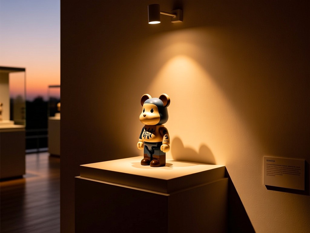 Single spotlight illuminating a rare toy figure on a museum pedestal during dusk, dramatic shadows, warm amber tones, minimalist setting conveying exclusivity and value, no people.