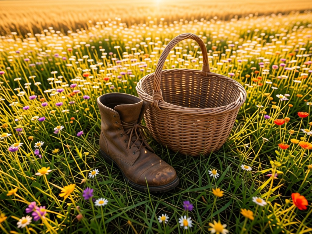 Aerial view of a single worn leather boot beside a harvesting basket in a wildflower field at golden hour. Symbolizes grounding and growth. Soft shadows. No people.