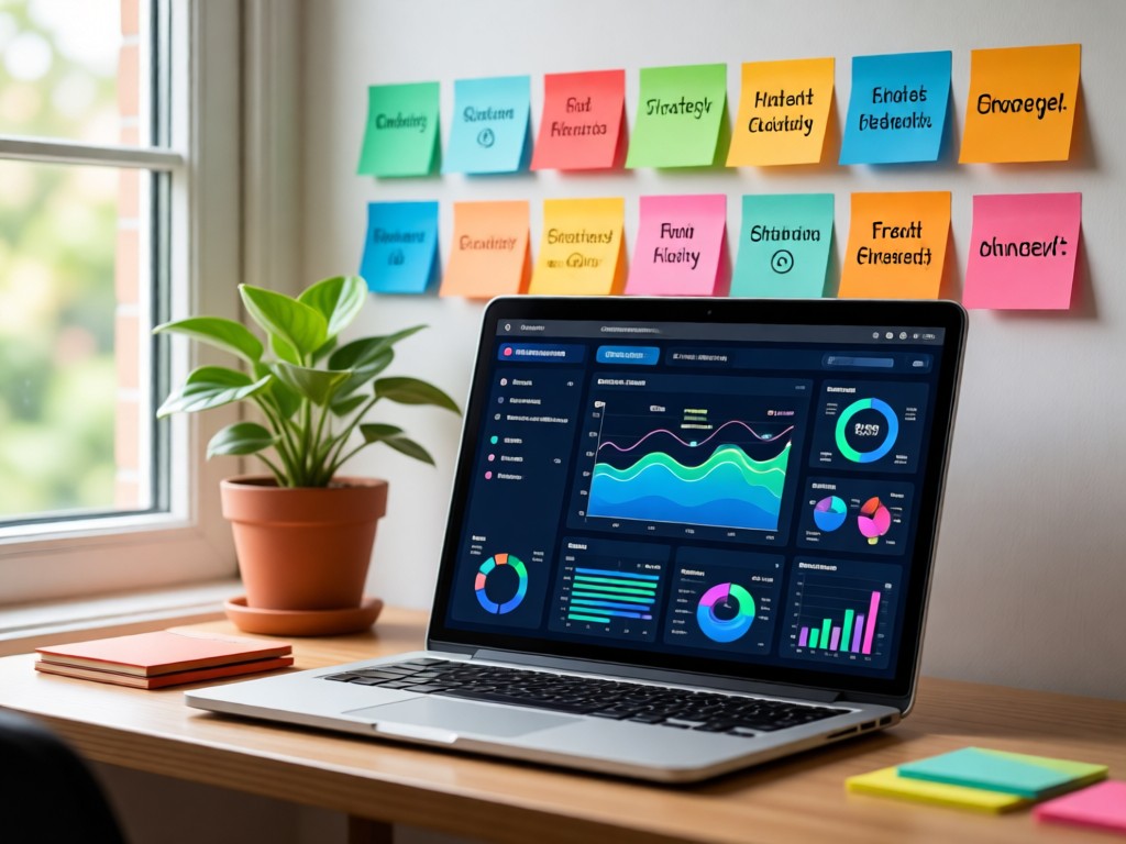 A laptop screen displaying vibrant marketing campaign dashboards beside a plant. Colorful post-it notes with strategy keywords arranged neatly. Soft natural light from a window. No people.