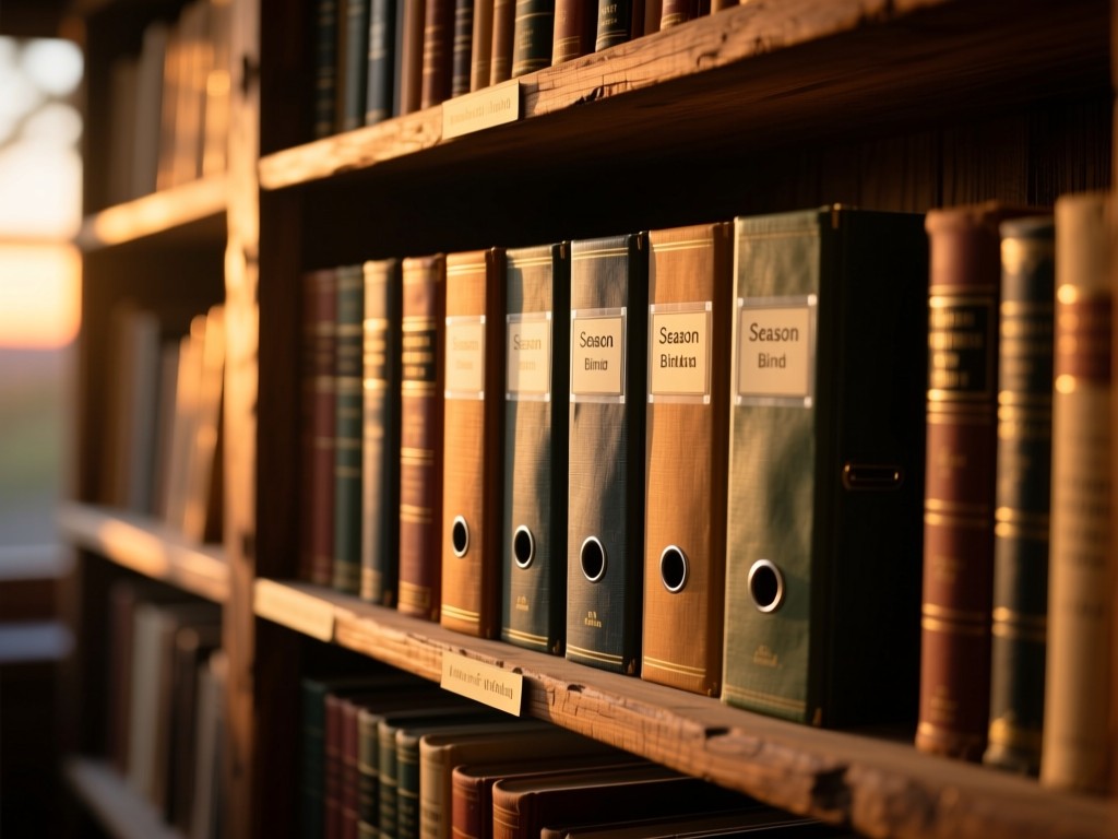Vintage bookshelf with neatly labeled season binders during sunset glow, warm light highlighting spines, shallow depth of field, rustic wood textures.