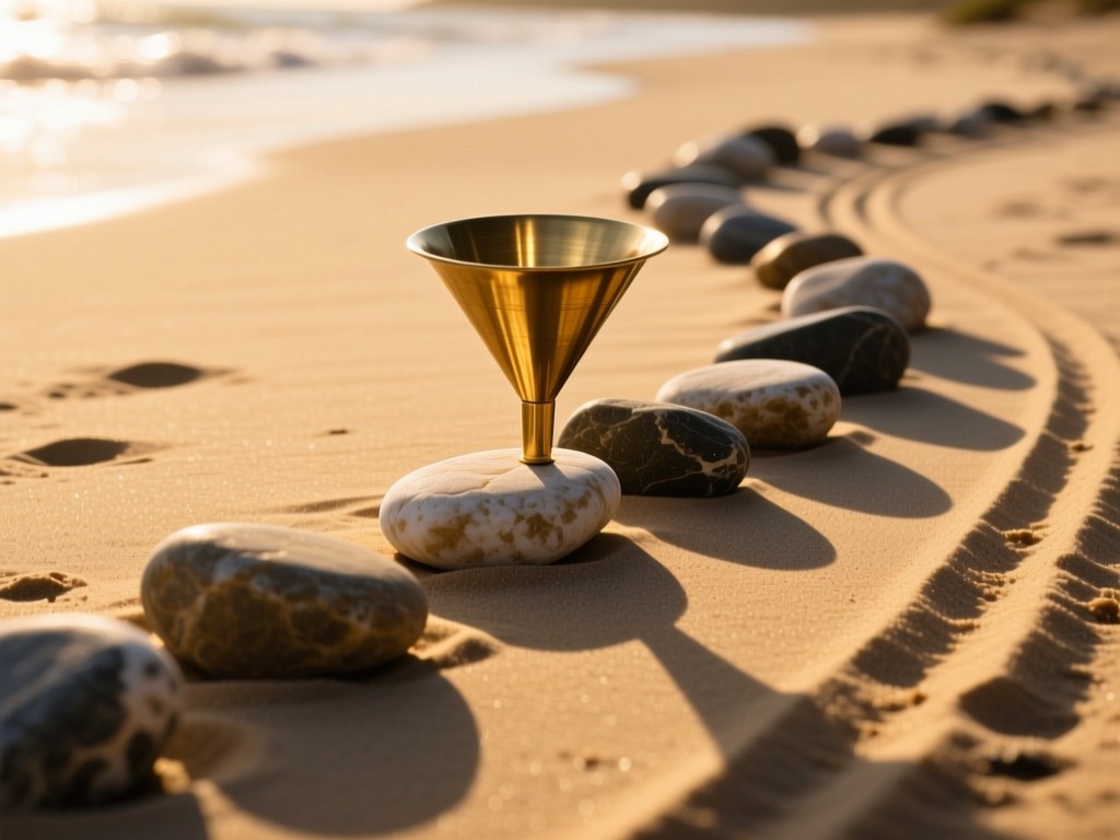 An abstract arrangement of smooth river stones leading to a brass funnel. Golden hour backlighting creates long shadows on sand. Symbolizes streamlined processes. No people.