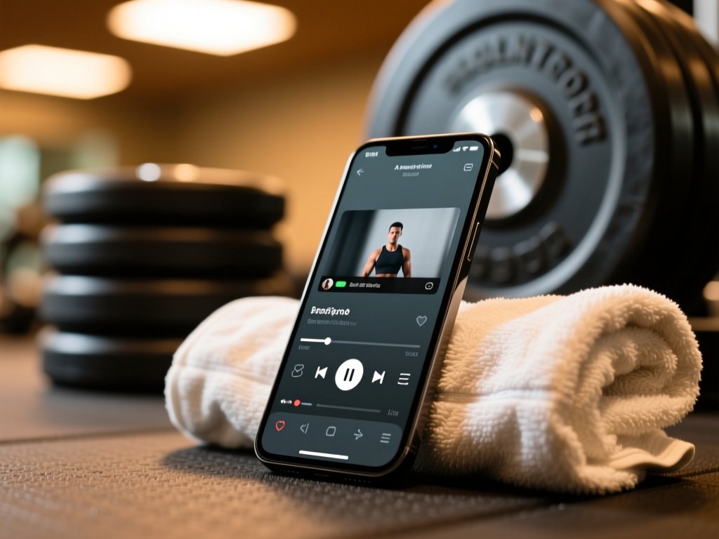 A smartphone propped against a gym towel, displaying a video player interface. In soft focus, weight plates stack in the background. Warm overhead lighting. No people.
