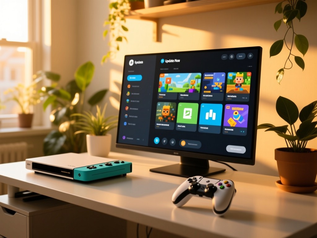 A gaming console and controller on a minimalist desk during golden hour, screen displaying an organized game update hub, warm sunlight through window, plants in background, soft natural lighting, no text visible.