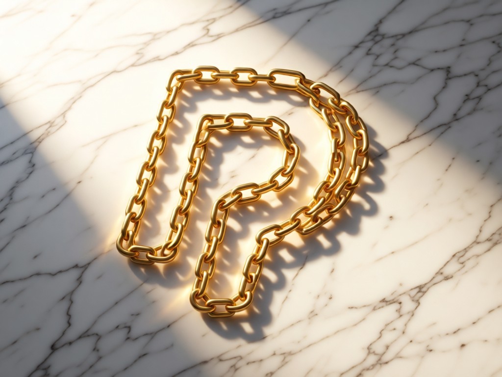 Aerial view of linked gold chains forming the PayPal logo on a marble surface. Soft shadows and warm highlights emphasize connections. Minimalist composition.