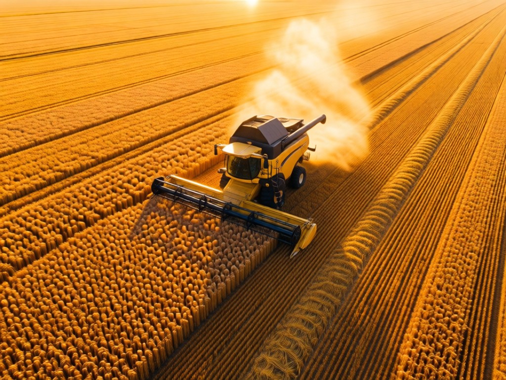 Aerial drone view of a combine harvesting wheat at sunset. Golden light on grain patterns. Symbolizes efficiency and modern technology. No people visible.