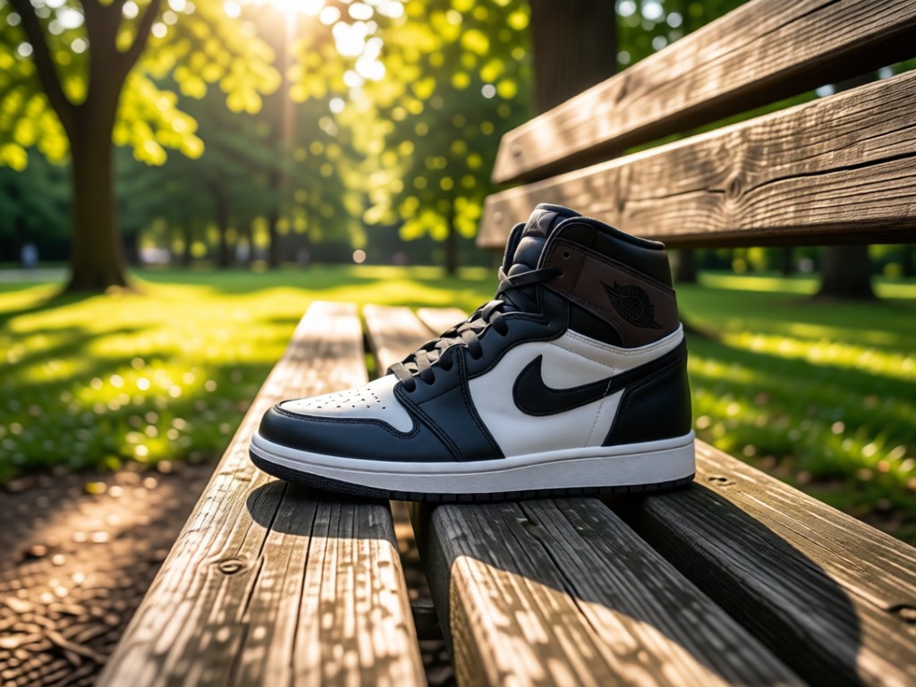 A single iconic sneaker placed on a rustic wooden bench in a sun-dappled park. Represents focus and having your best work showcased. No people.