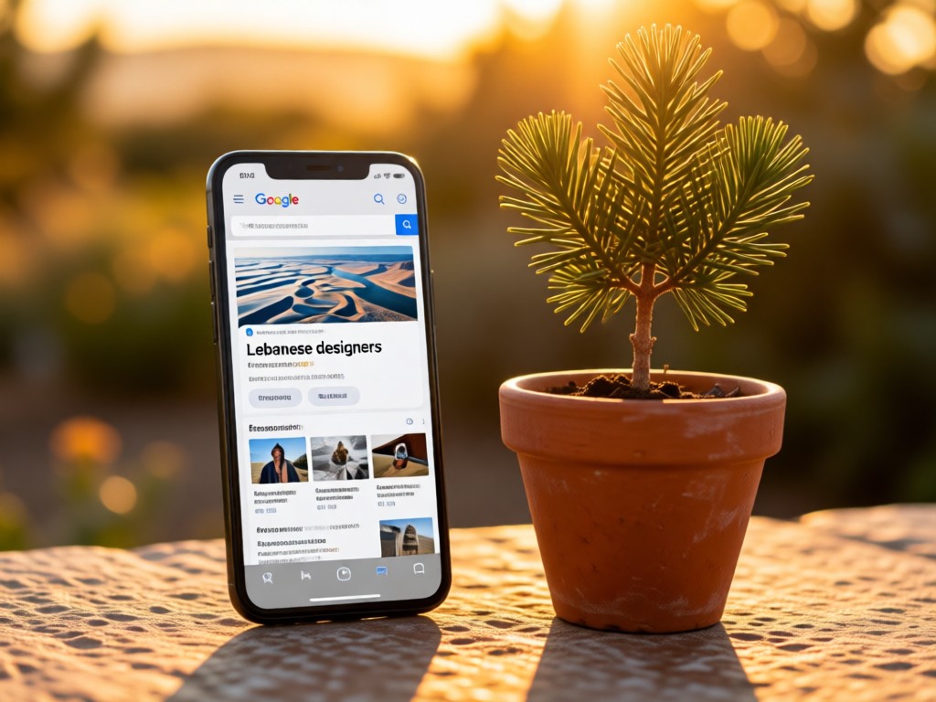 Phone showing Google search results for 'Lebanese designers' beside cedar tree sapling in terracotta pot. Golden hour backlight. No people.