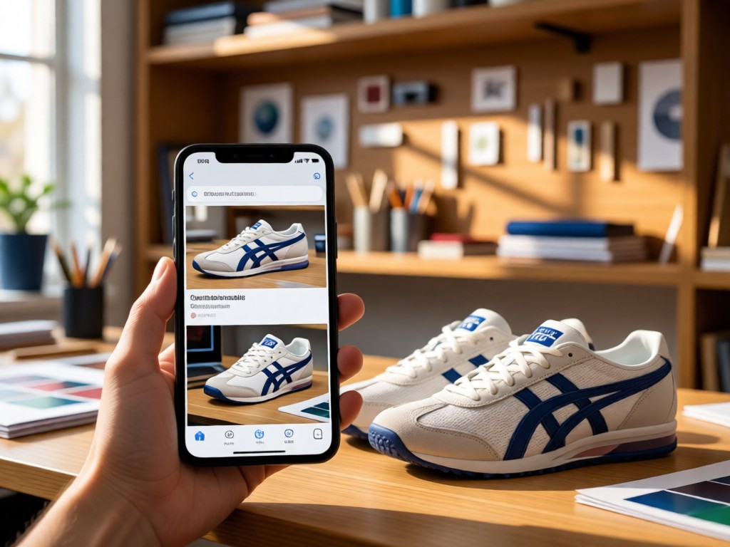 Smartphone displaying a sneaker portfolio next to actual Onitsuka Tiger shoes. Soft focus background of a design studio shelf with materials. Natural lighting with warm highlights. No people.