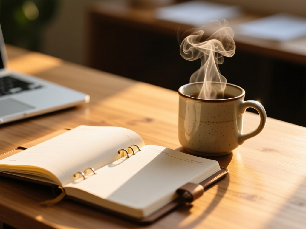 An open paper planner beside a steaming ceramic mug on a wooden desk. Golden hour light highlights the steam rising. Peaceful productivity vibe. No people.