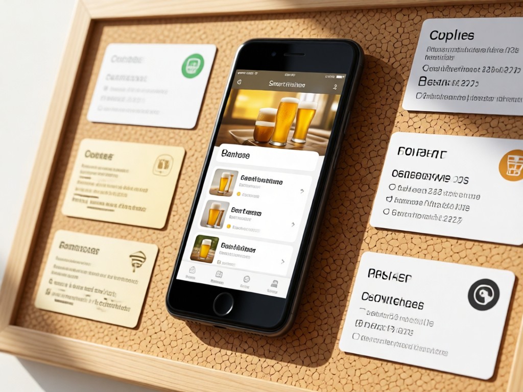 Smartphone showing a clean beer portfolio interface on a corkboard with supplier contact cards. Soft natural lighting. Focus on digital connectivity. No people.