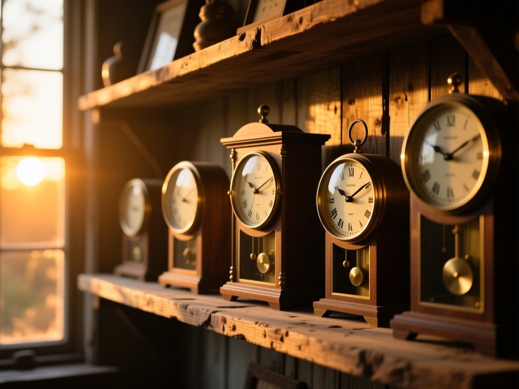 Synchronized vintage analog clocks on a rustic wooden shelf during sunset, golden light streaming through window, shallow depth of field, warm tones, no text.
