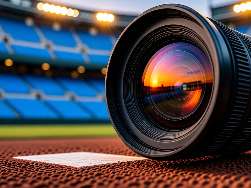 A camera lens focused on home plate under stadium lights. Depth of field blurs rows of blue seats. Sunset colors reflect on the lens glass. No people.