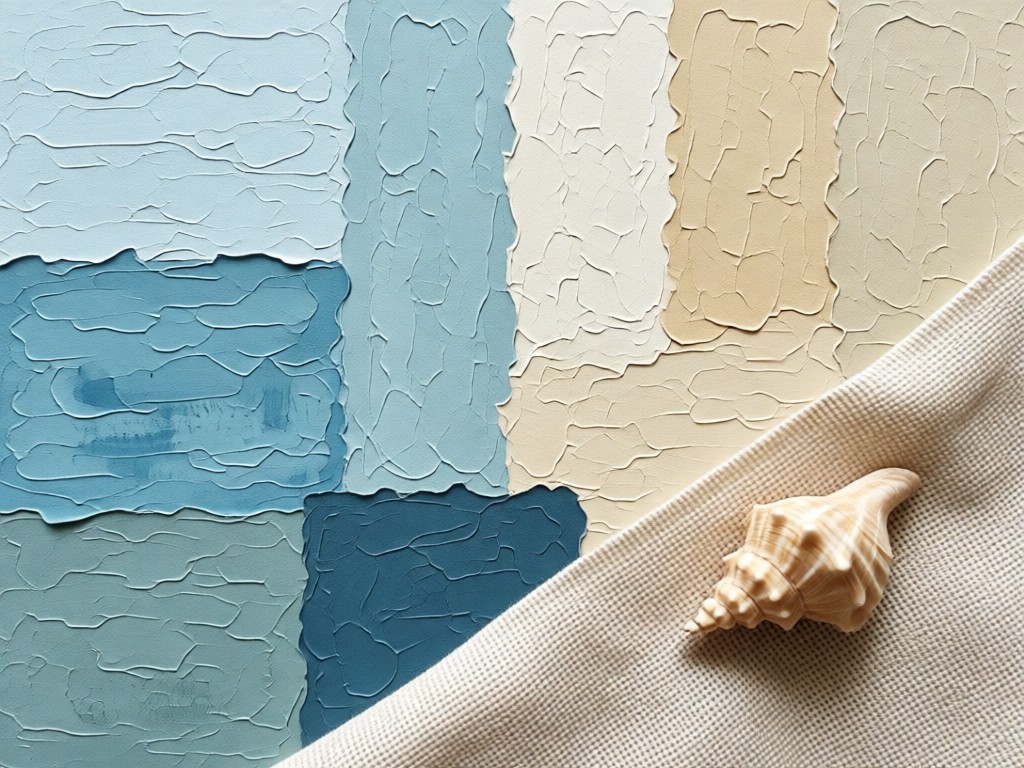 A color palette of coastal blues and sandy neutrals painted on textured paper. Natural linen fabric and a single seashell complete the composition. Soft daylight. No people.