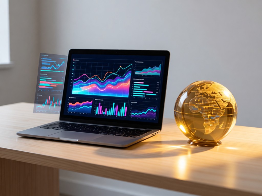 A minimalist desk with a laptop displaying colorful atmospheric data graphs. Next to it, a transparent globe paperweight catches golden light. Clean, professional, and tech-focused. No people.