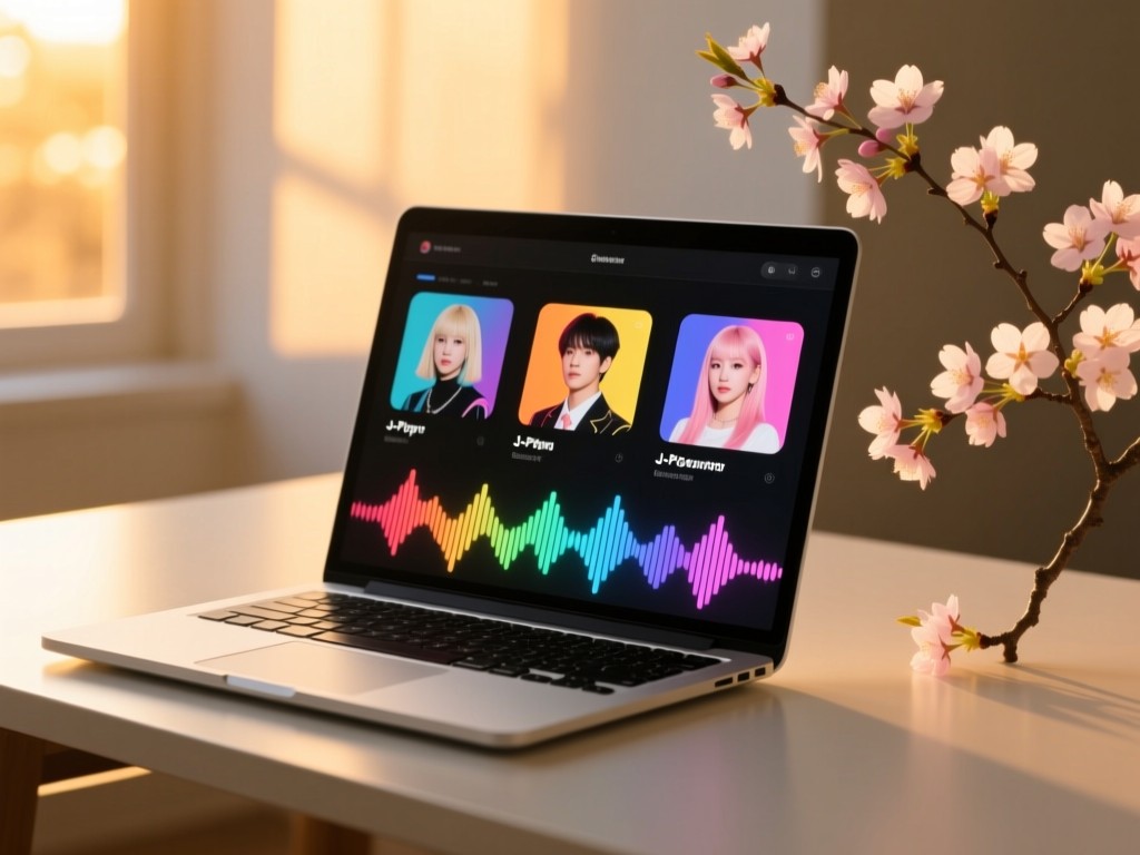 A modern laptop on a minimalist desk during golden hour, screen displaying colorful J-Pop artist profiles with visualizer waves, cherry blossom branch nearby, soft natural lighting, no visible text.