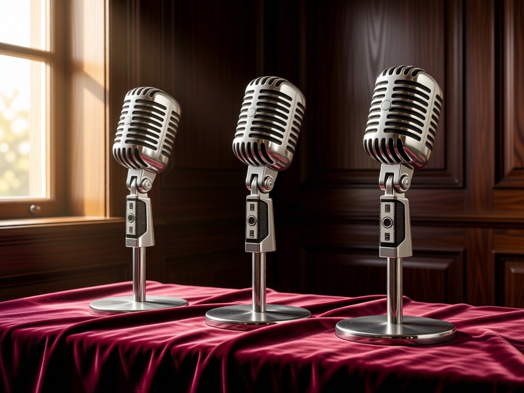 Three retro microphones arranged on a velvet cloth, each angled differently. Soft window light highlights their metallic textures against a dark wood backdrop. Clean, artistic composition.