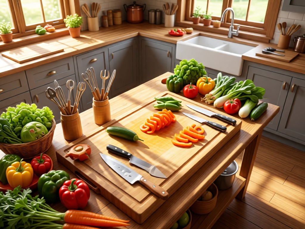 Aerial view of a well-organized cutting board with chef's tools. Fresh vegetables surround it in a sunlit kitchen. Symbolizes efficiency and professionalism. No people.