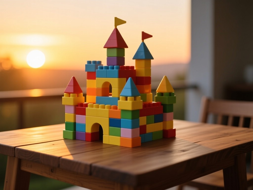 Colorful building blocks forming a castle on a wooden table during sunset, warm golden light creating soft shadows, minimalist composition, no text or people.
