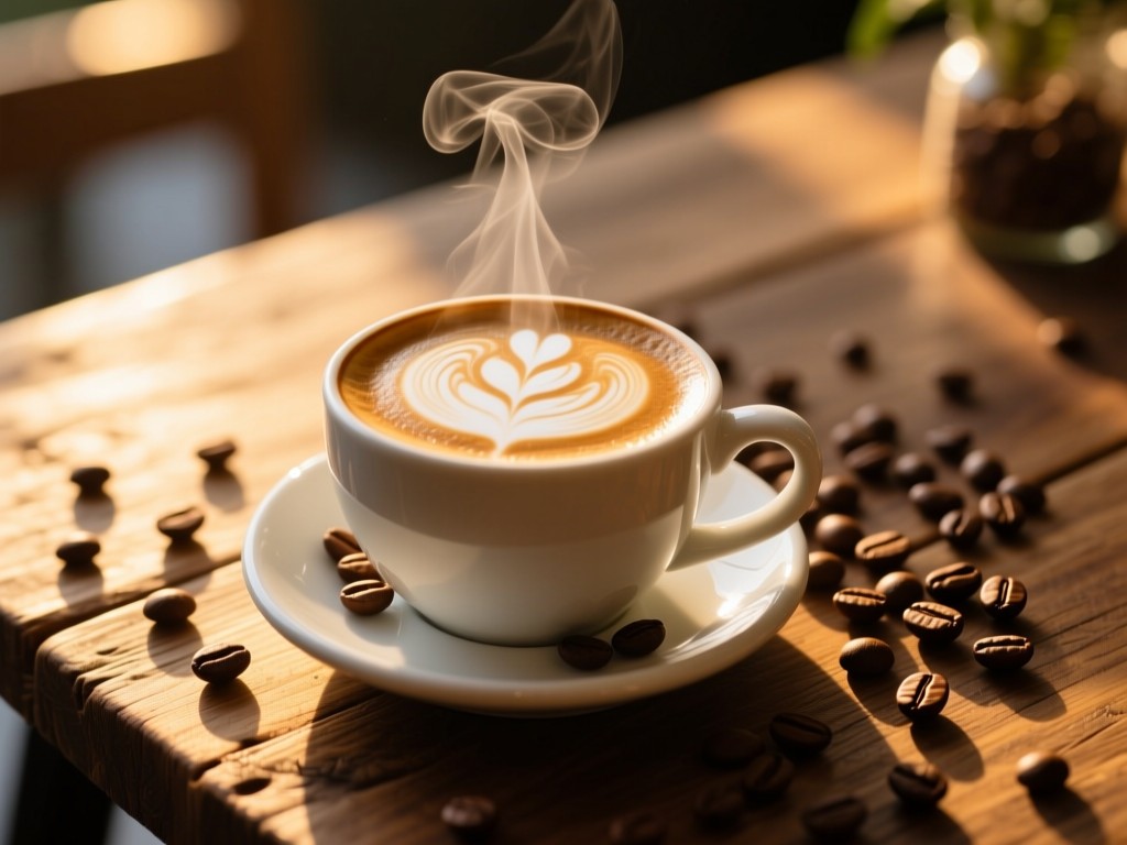 Steaming latte art on a rustic wooden table during golden hour, surrounded by scattered coffee beans, soft sunlight highlighting the crema, shallow depth of field, warm tones, no text visible.