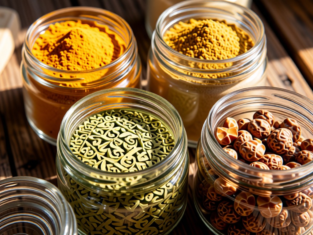 Macro shot of glass jars filled with turmeric, ashwagandha, and maca powders. Sunlight illuminates the vibrant colors against a rustic wooden background. No people.