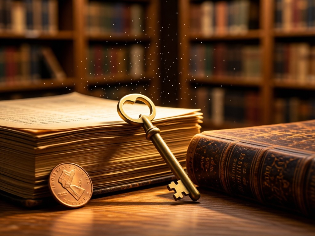 Stylish composition of a brass key resting on antique ledger books beside a single penny. Warm backlight creates depth through dust motes. Background features soft-focus library shelves. No people.