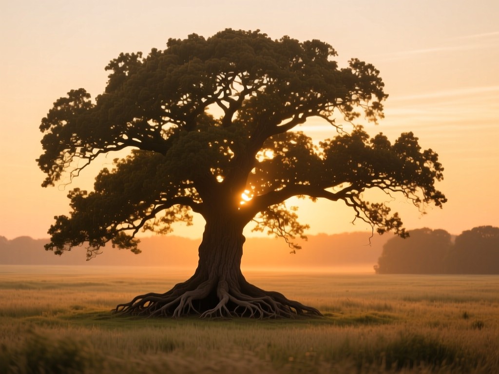 A single majestic oak tree in an open field during golden hour, deep roots and wide branches symbolizing growth and stability, warm sunset glow, soft focus background, no people.