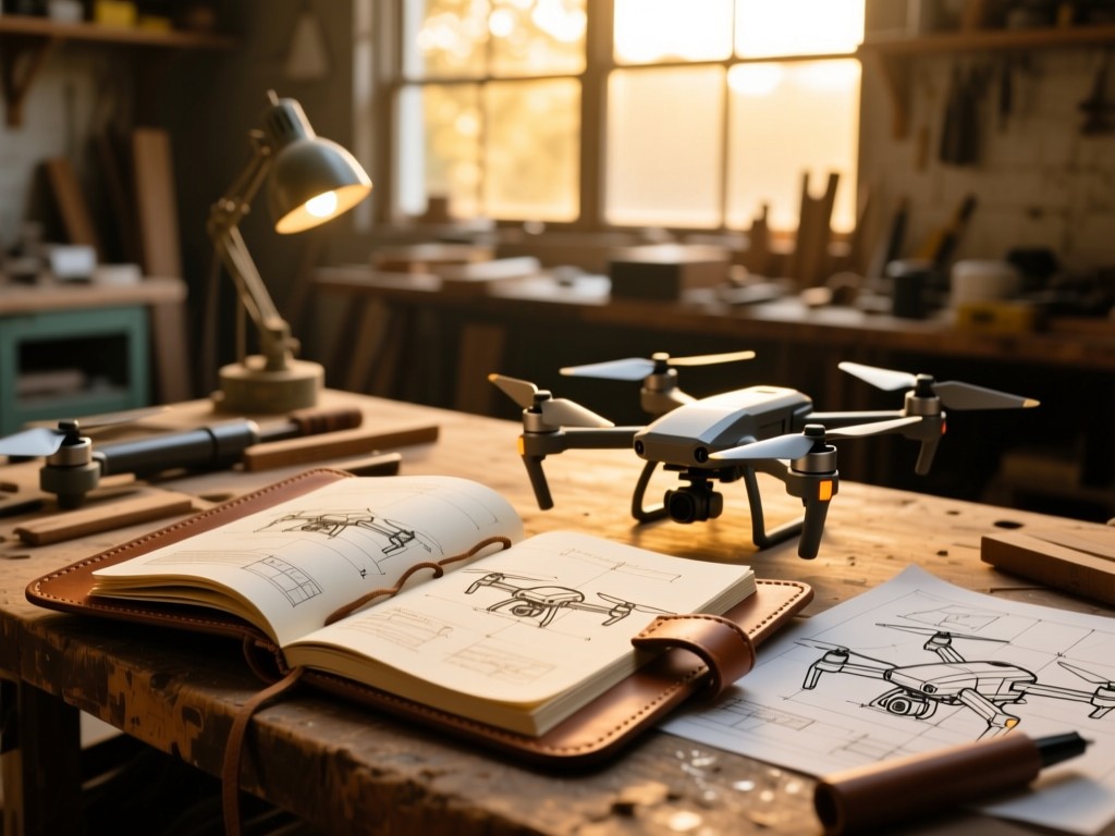 Open leather logbook with drone schematics sketches beside propellers on a workbench, golden hour light through workshop windows, shallow focus, no humans.