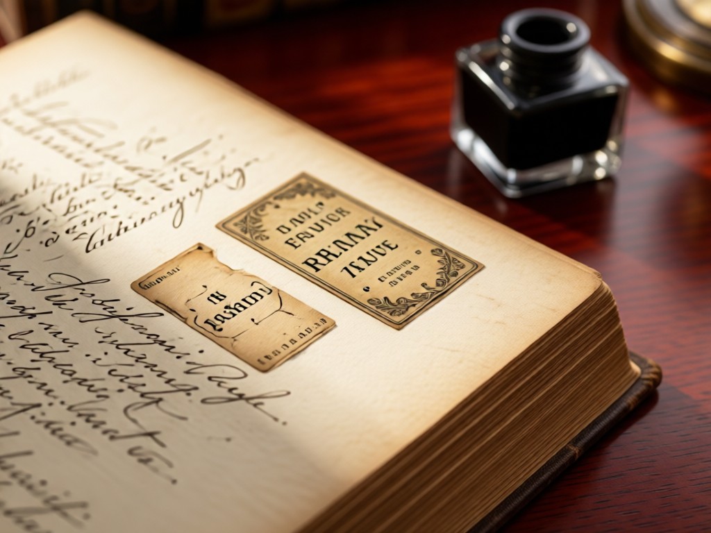 Close-up of faded bookplates and handwritten marginalia in an antique tome. Soft side lighting reveals paper texture on a mahogany desk. Vintage inkwell in blurred background. No people.