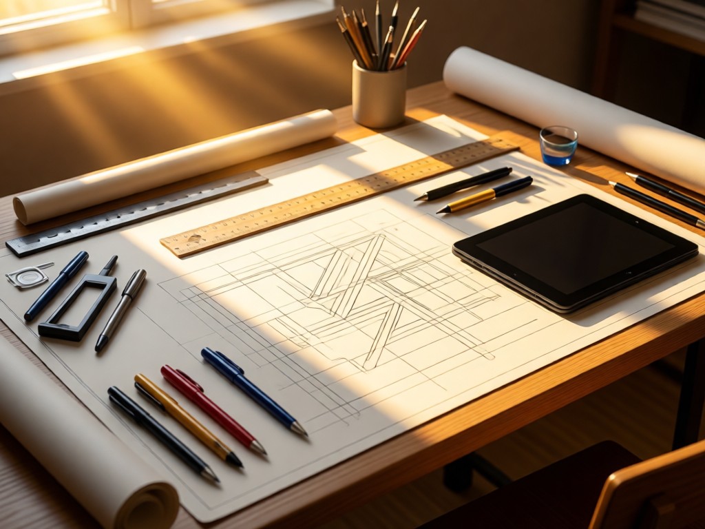 A designer's drafting table with perfectly arranged tools: pens, ruler, and tablet. Golden hour light streams across the organized workspace, symbolizing creative efficiency. No people.