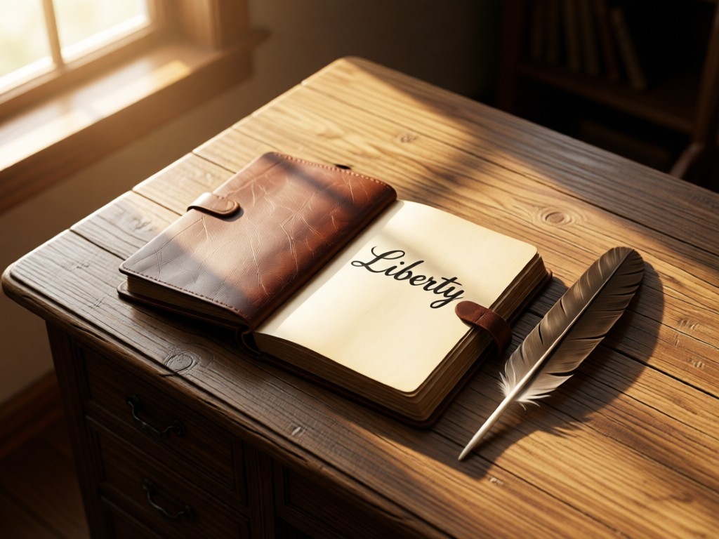 Overhead shot of a rustic wooden desk holding a leather-bound journal open to a page with 'Liberty' handwritten. An eagle feather quill rests beside it. Soft window light creates warm vignetting.