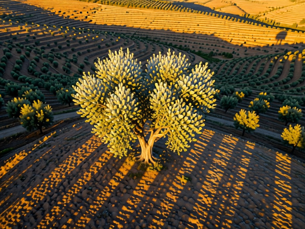 Aerial view of a single olive tree in a terraced grove at sunset. Long shadows stretch across the landscape while golden light illuminates silver-green leaves. Symbolizes heritage and connection to land. No people.