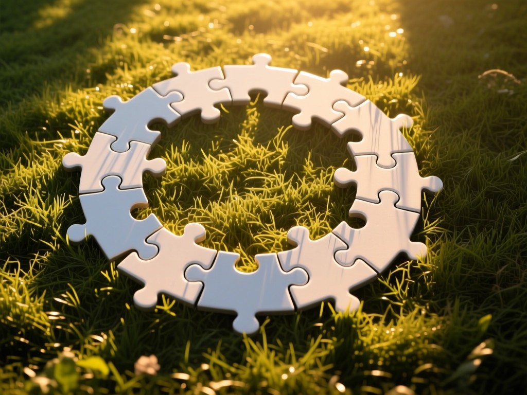 Aerial view of interlocking puzzle pieces forming a circle on grass. Golden hour sunlight creates long shadows, symbolizing community cohesion. No people.